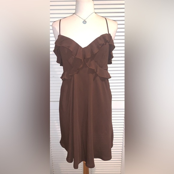 NWT American Eagle Outfitters Brown Ruffle Mini Dress Size L - Picture 6 of 10